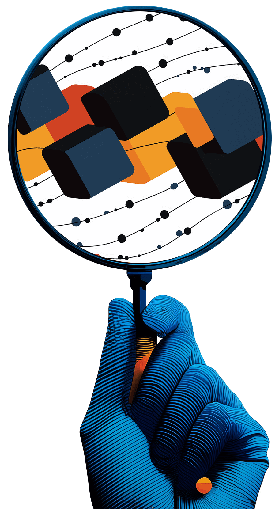 AI-generated image of a blue hand holding a magnifying glass, focusing on interconnected orange and blue cubes with dotted lines against a white background.