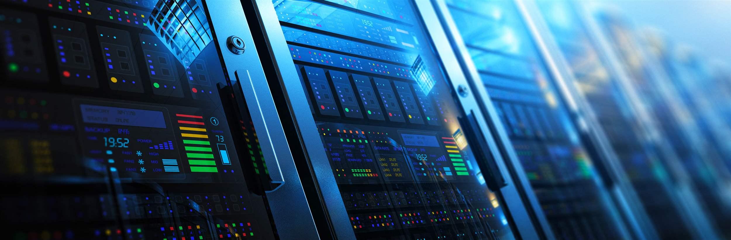 Modern web network and internet telecommunication technology, big data storage and cloud computing computer service business concept: 3D render illustration of the macro view of server room interior in datacenter with selective focus effect