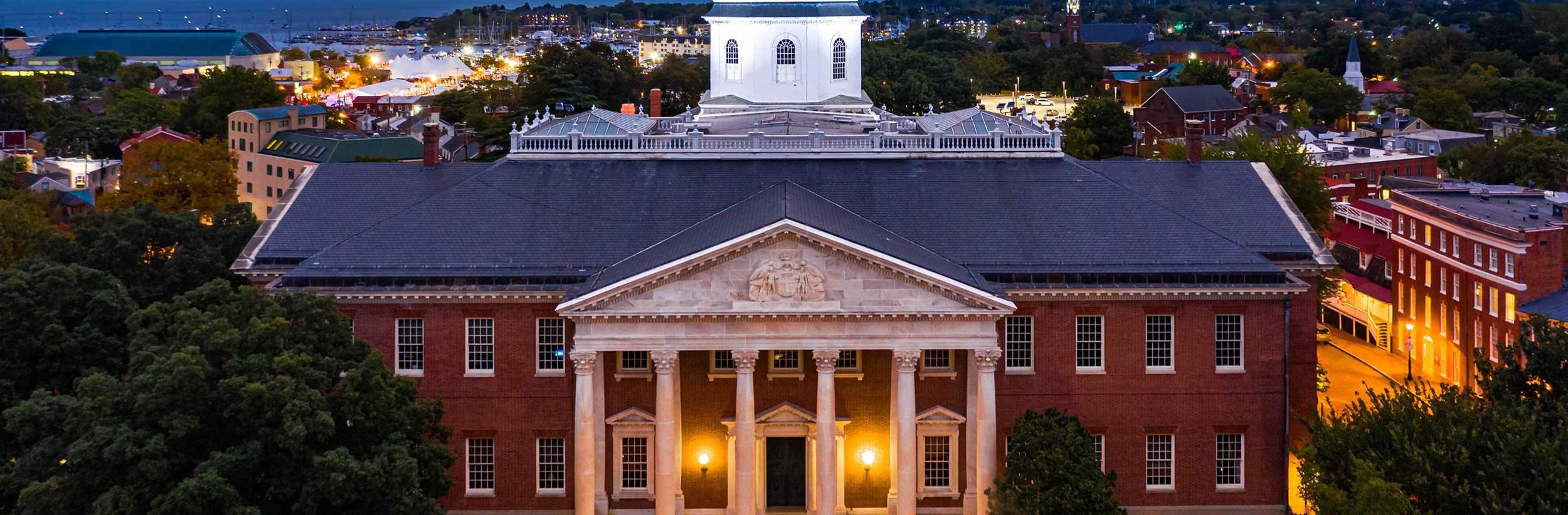 Maryland State House, in Annapolis, at dusk. The Maryland State House is the oldest U.S. state capitol in continuous legislative use, dating to 1772 and housing the Maryland General Assembly.