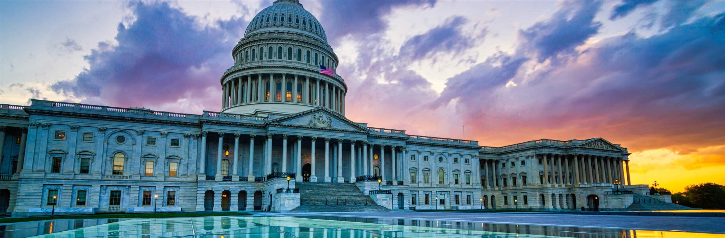 Dramatic sunset over the US capitol in Washington DC