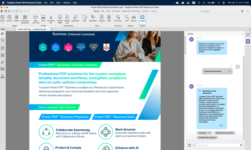 Screenshot of Power PDF Mac interface with Copilot window open