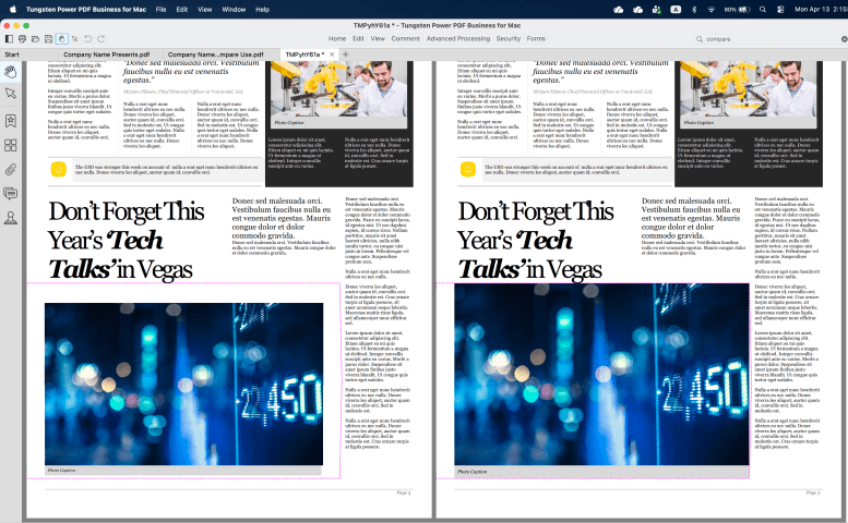 Screenshot of Power PDF Mac interface with document comparison feature active