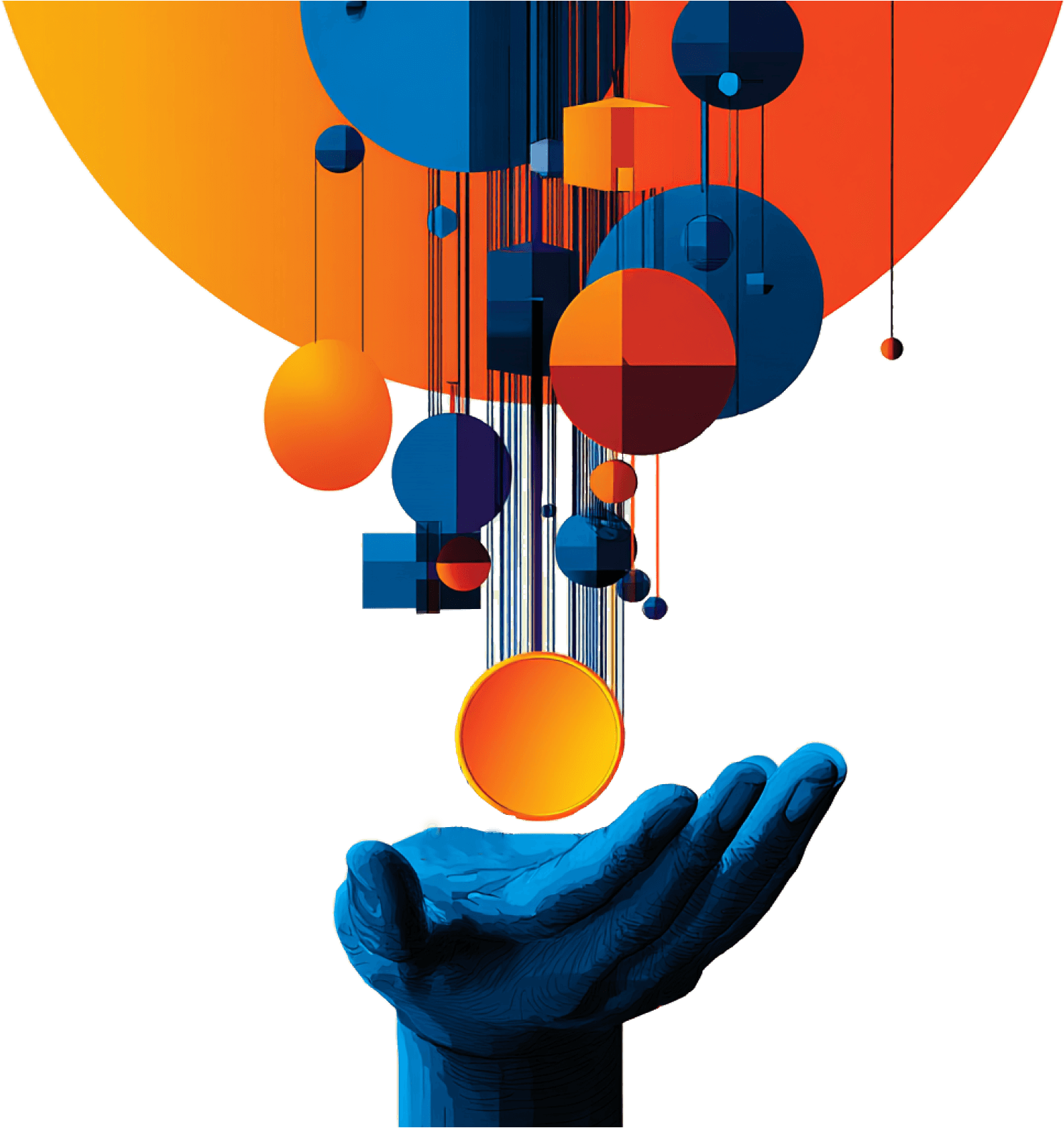 AI-generated image of a blue hand holding abstract orange and blue geometric shapes connected by thin lines, with a large orange semicircle in the background.