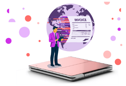 Illustration of a man sending a digital invoice across a globe
