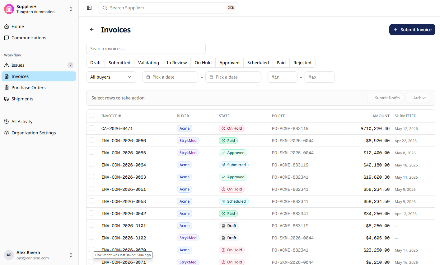 Tableau de bord de gestion des factures Supplier+