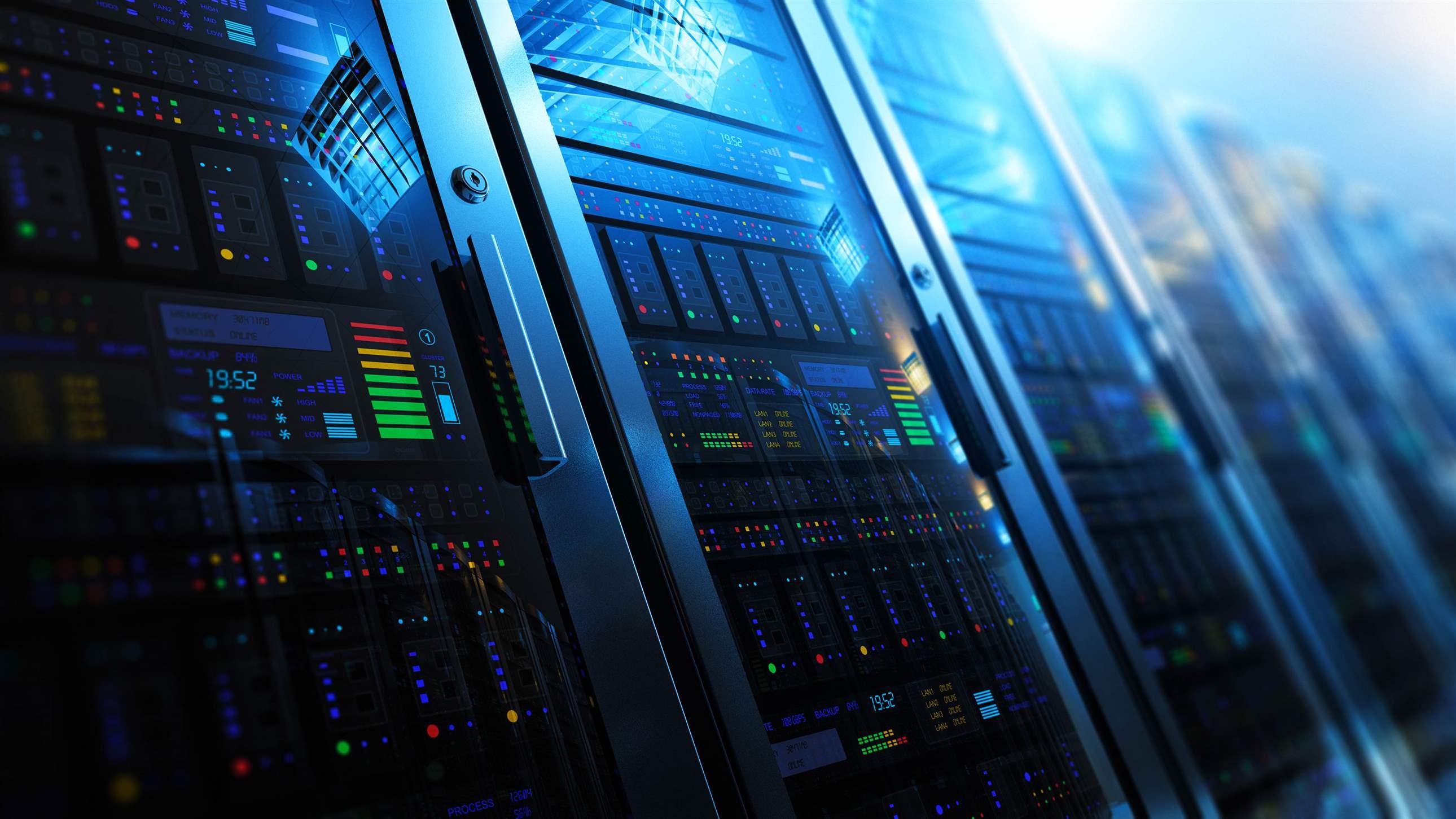 Modern web network and internet telecommunication technology, big data storage and cloud computing computer service business concept: 3D render illustration of the macro view of server room interior in datacenter with selective focus effect